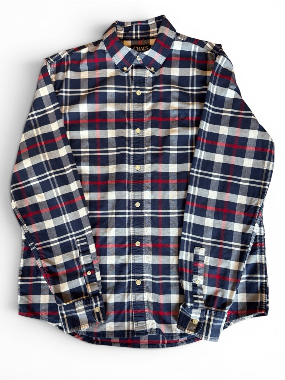 Chaps Mens Navy Red White Plaid Button-Down Shirt